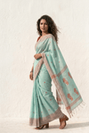 Mulmuli ~ Pure Malai Cotton Handloom Saree with Embroidery in Sea Blue - verymuchindian.com
