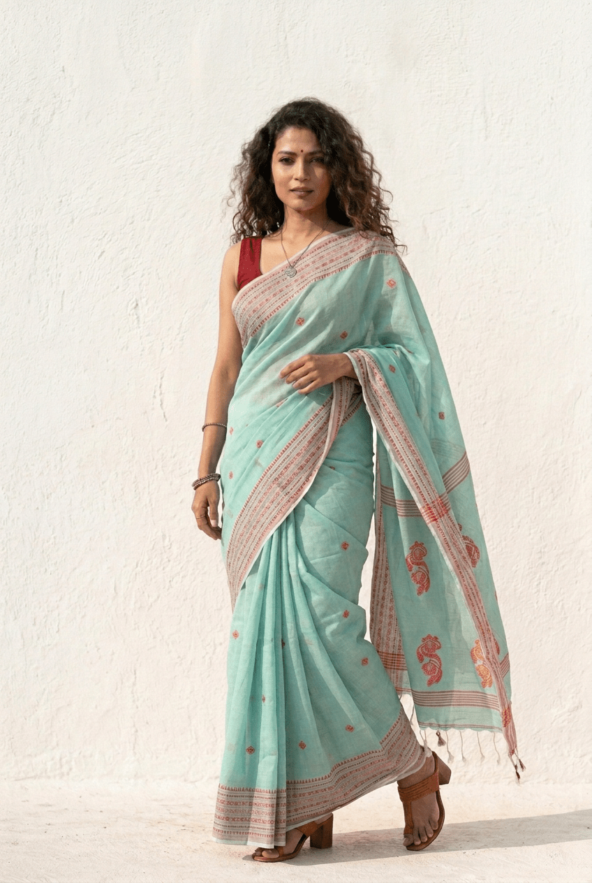 Mulmuli ~ Pure Malai Cotton Handloom Saree with Embroidery in Sea Blue - verymuchindian.com