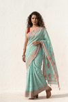 Mulmuli ~ Pure Malai Cotton Handloom Saree with Embroidery in Sea Blue - verymuchindian.com