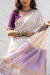 Mulmuli ~ Pure Mul Cotton Handloom Saree In White with Lavender Pallu - verymuchindian.com