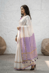 Mulmuli ~ Pure Mul Cotton Handloom Saree In White with Lavender Pallu - verymuchindian.com
