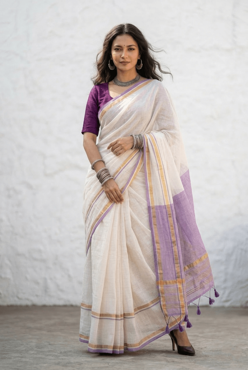 Mulmuli ~ Pure Mul Cotton Handloom Saree In White with Lavender Pallu - verymuchindian.com