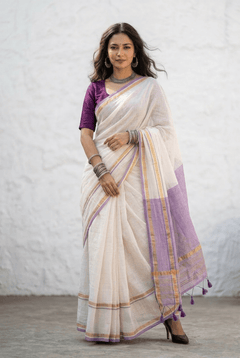 Mulmuli ~ Pure Mul Cotton Handloom Saree In White with Lavender Pallu - verymuchindian.com