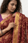 Mulmuli ~ Pure Mul Cotton Handloom Saree with All Over Floral Design in Maroon with Golden Border - verymuchindian.com
