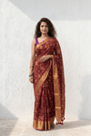 Mulmuli ~ Pure Mul Cotton Handloom Saree with All Over Floral Design in Maroon with Golden Border - verymuchindian.com