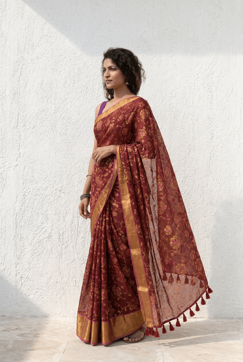 Mulmuli ~ Pure Mul Cotton Handloom Saree with All Over Floral Design in Maroon with Golden Border - verymuchindian.com