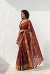 Mulmuli ~ Pure Mul Cotton Handloom Saree with All Over Floral Design in Maroon with Golden Border - verymuchindian.com