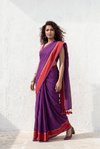 Mulmuli ~ Regal Plum Mul Cotton Saree with Crimson Zari Border - verymuchindian.com