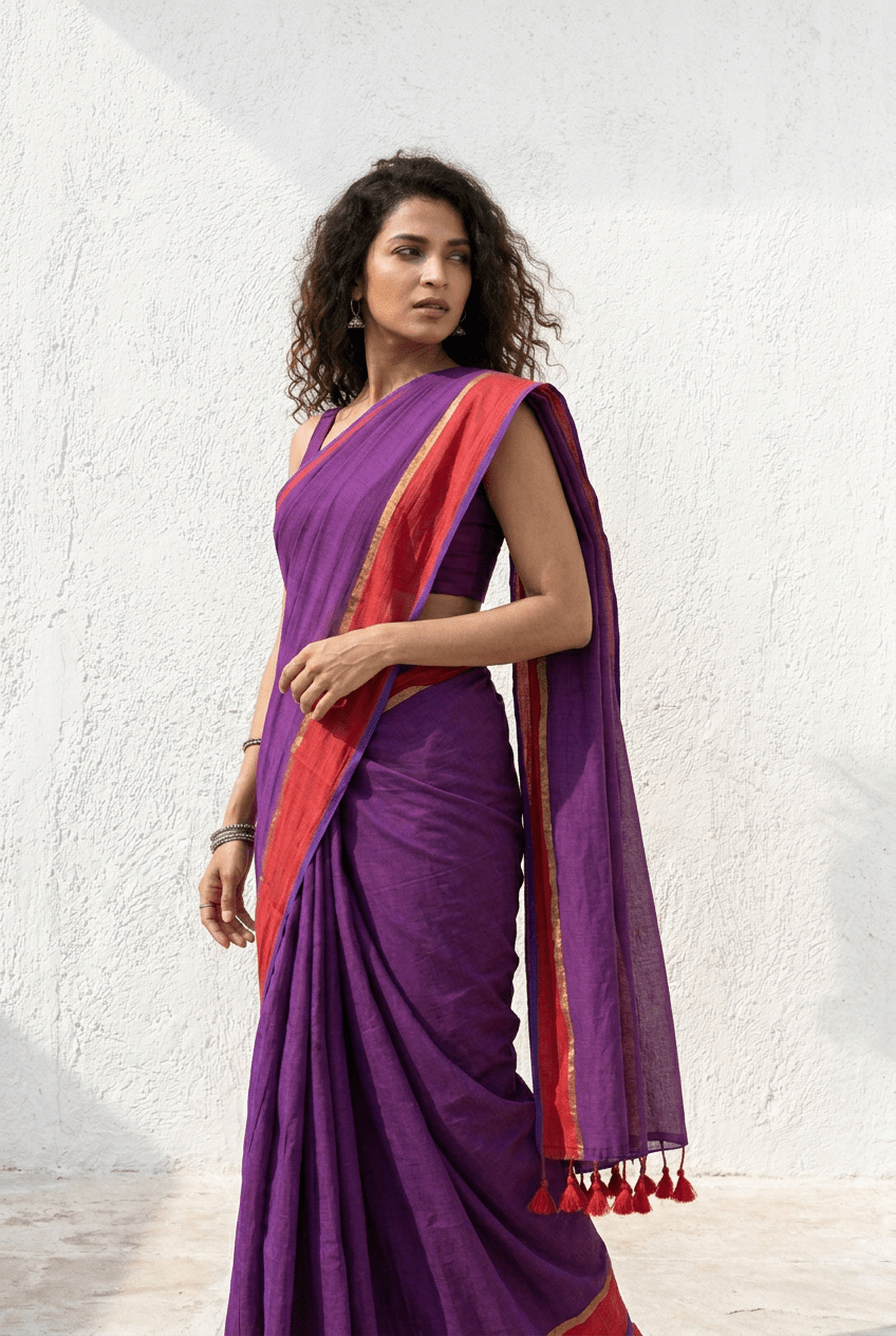 Mulmuli ~ Regal Plum Mul Cotton Saree with Crimson Zari Border - verymuchindian.com