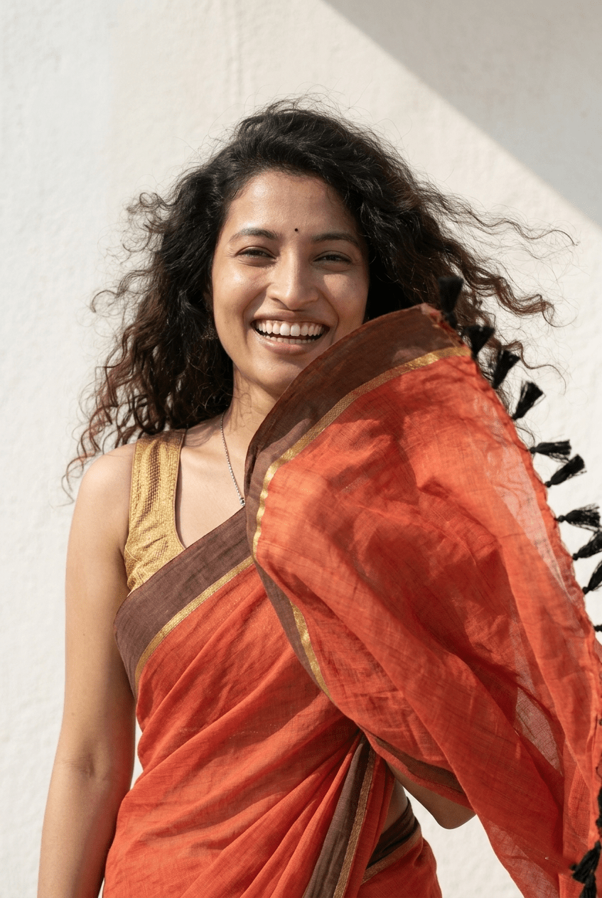 Mulmuli ~ Sunset Rust Mul Cotton Saree with Coffee Brown Zari Border - verymuchindian.com