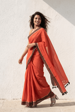 Mulmuli ~ Sunset Rust Mul Cotton Saree with Coffee Brown Zari Border - verymuchindian.com