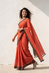 Mulmuli ~ Sunset Rust Mul Cotton Saree with Coffee Brown Zari Border - verymuchindian.com