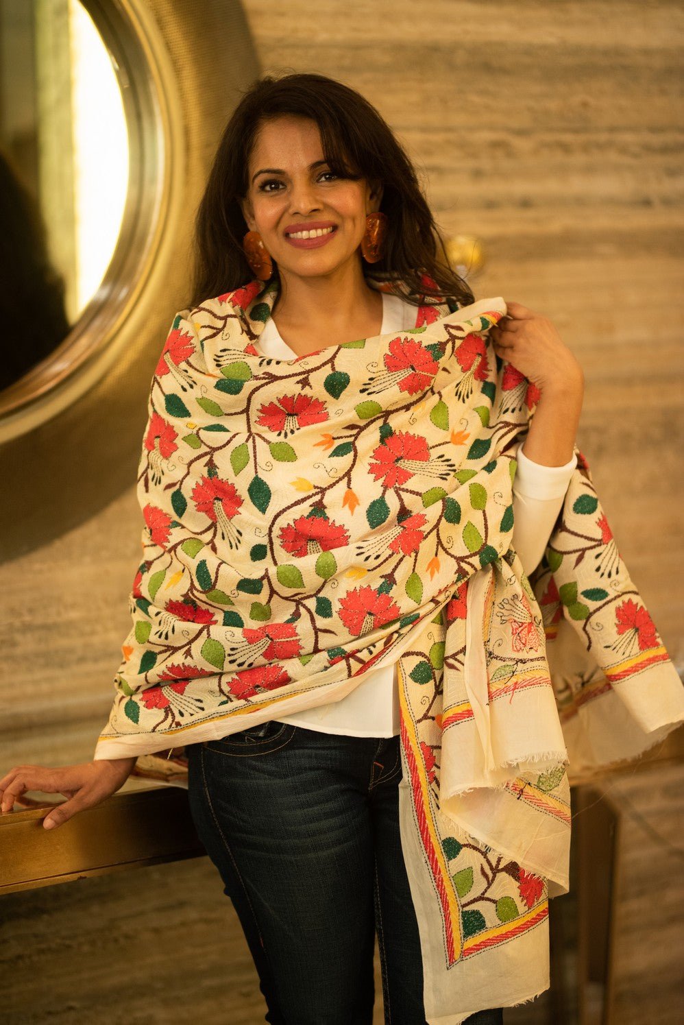 Namita's Favourite~ Handloom Pure Cotton Stoles With Delicate Kantha Hand Embroidery - verymuchindian.com