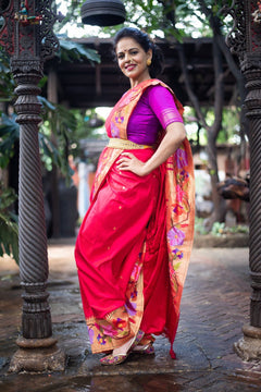 Namita's Favourite~ Handloom Pure Silk Paithani Saree With Beautiful Golden Zari Floral Border (SHIPPING IN 50 DAYS) - verymuchindian.com