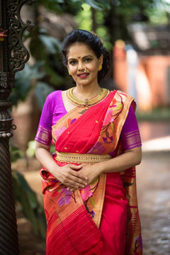 Namita's Favourite~ Handloom Pure Silk Paithani Saree With Beautiful Golden Zari Floral Border (SHIPPING IN 50 DAYS) - verymuchindian.com