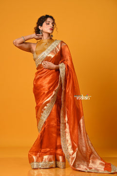 Param Sundari ~ Banarasi Organza Silk Tissue Saree with Designer Lace in Beautiful Sunset Orange - verymuchindian.com