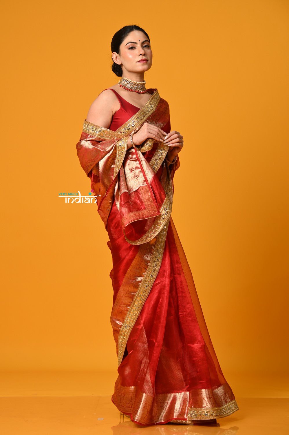 Param Sundari ~ Banarasi Organza Silk Tissue Saree with Designer Lace in Bestseller Red - verymuchindian.com