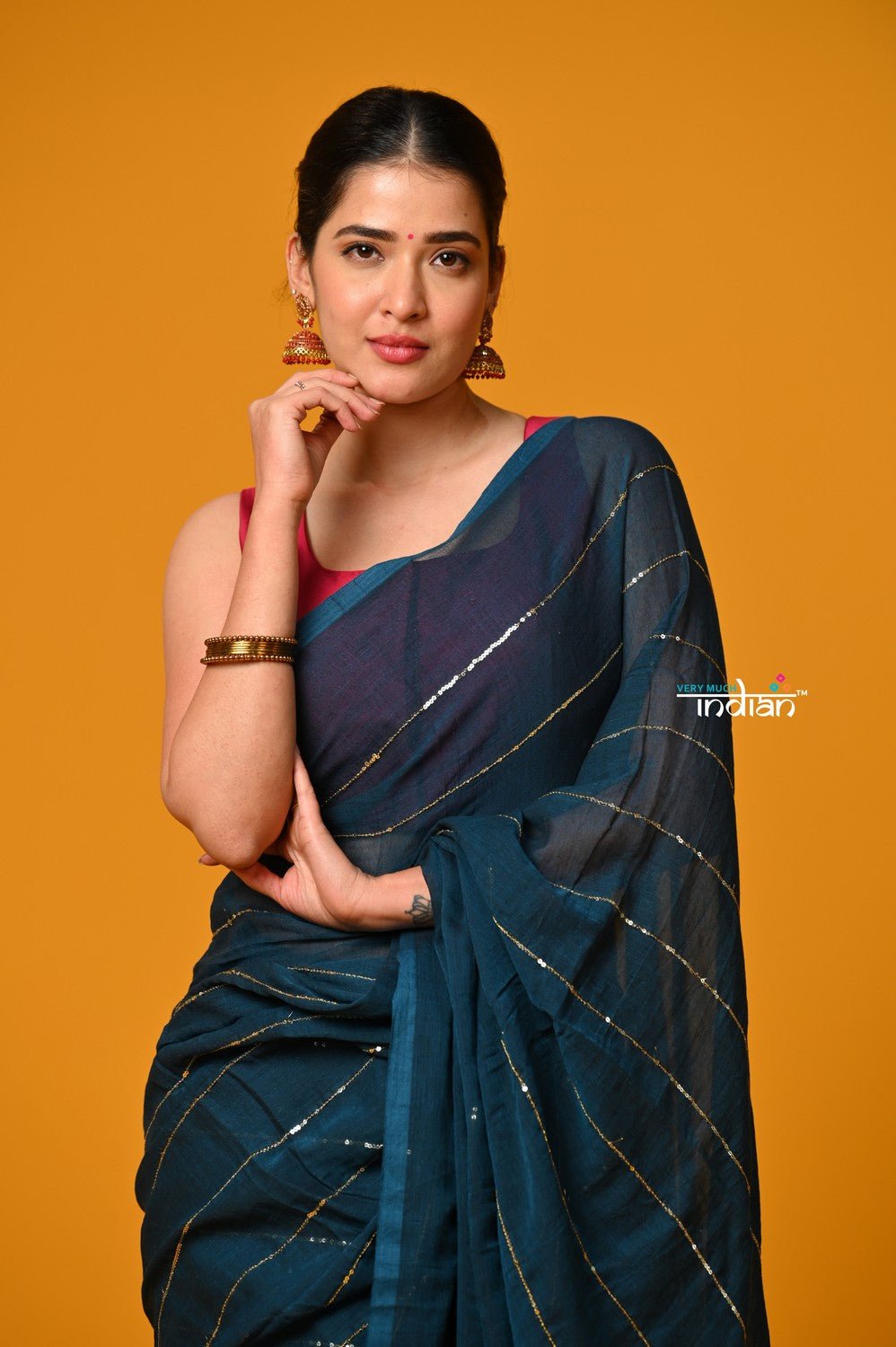 Param Sundari ~ Designer Mul Cotton Handloom Saree with Sequins - Deep Cyan Blue - verymuchindian.com