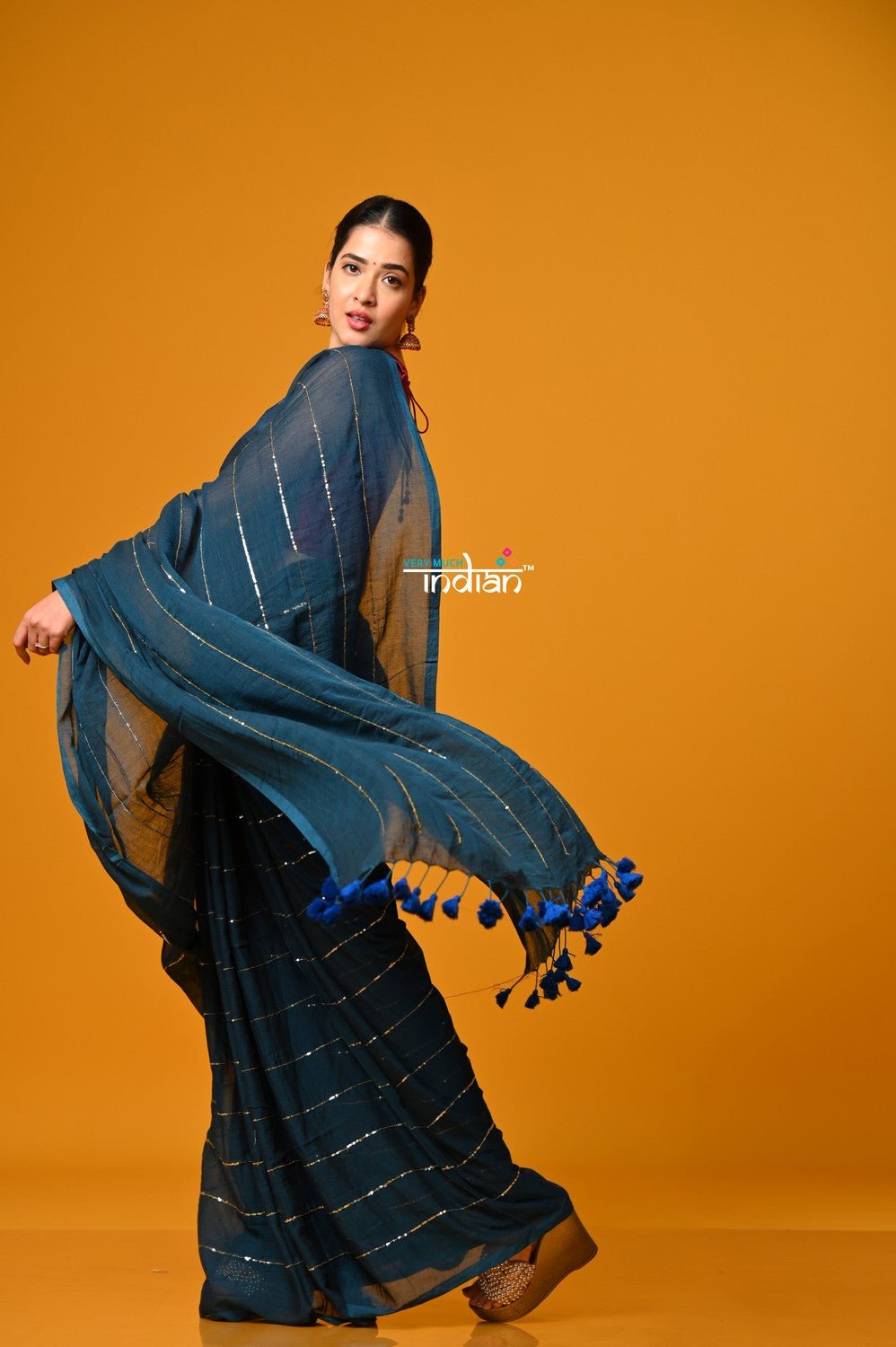 Param Sundari ~ Designer Mul Cotton Handloom Saree with Sequins - Deep Cyan Blue - verymuchindian.com