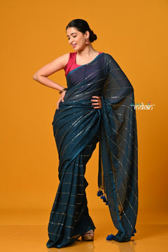 Param Sundari ~ Designer Mul Cotton Handloom Saree with Sequins - Deep Cyan Blue - verymuchindian.com