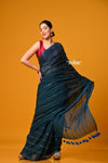 Param Sundari ~ Designer Mul Cotton Handloom Saree with Sequins - Deep Cyan Blue - verymuchindian.com
