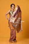 Param Sundari ~ Exclusive! Banarasi Handloom Crushed Pure Tissue Silk Saree ~ Slaked Chestnut - verymuchindian.com