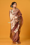 Param Sundari ~ Exclusive! Banarasi Handloom Crushed Pure Tissue Silk Saree ~ Slaked Chestnut - verymuchindian.com