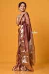 Param Sundari ~ Exclusive! Banarasi Handloom Crushed Pure Tissue Silk Saree ~ Slaked Chestnut - verymuchindian.com