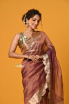 Param Sundari ~ Exclusive! Banarasi Handloom Crushed Pure Tissue Silk Saree ~ Slaked Chestnut - verymuchindian.com