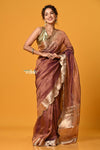 Param Sundari ~ Exclusive! Banarasi Handloom Crushed Pure Tissue Silk Saree ~ Slaked Chestnut - verymuchindian.com