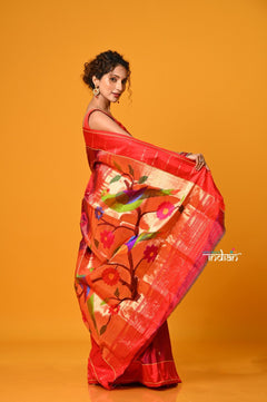 Param Sundari EXCLUSIVE~ Handloom Pure Silk Maroon Muniya Border Paithani Saree with Parrot Pallu - verymuchindian.com
