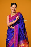 Param Sundari EXCLUSIVE~ Handloom Pure Silk Muniya Border Paithani in Royal Blue with Parrot Pallu - verymuchindian.com