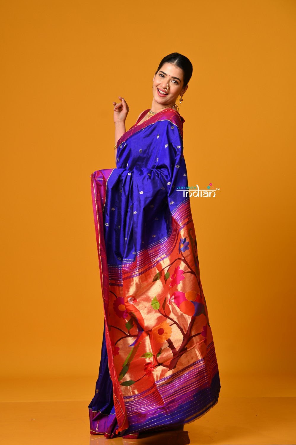 Param Sundari EXCLUSIVE~ Handloom Pure Silk Muniya Border Paithani in Royal Blue with Parrot Pallu - verymuchindian.com