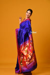 Param Sundari EXCLUSIVE~ Handloom Pure Silk Muniya Border Paithani in Royal Blue with Parrot Pallu - verymuchindian.com