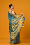Param Sundari ~ Exclusive Handloom Pure Tissue Cotton Saree in Cyan Blue Gold - verymuchindian.com