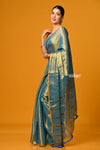 Param Sundari ~ Exclusive Handloom Pure Tissue Cotton Saree in Cyan Blue Gold - verymuchindian.com