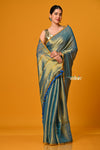 Param Sundari ~ Exclusive Handloom Pure Tissue Cotton Saree in Cyan Blue Gold - verymuchindian.com