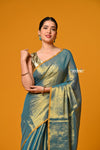 Param Sundari ~ Exclusive Handloom Pure Tissue Cotton Saree in Cyan Blue Gold - verymuchindian.com