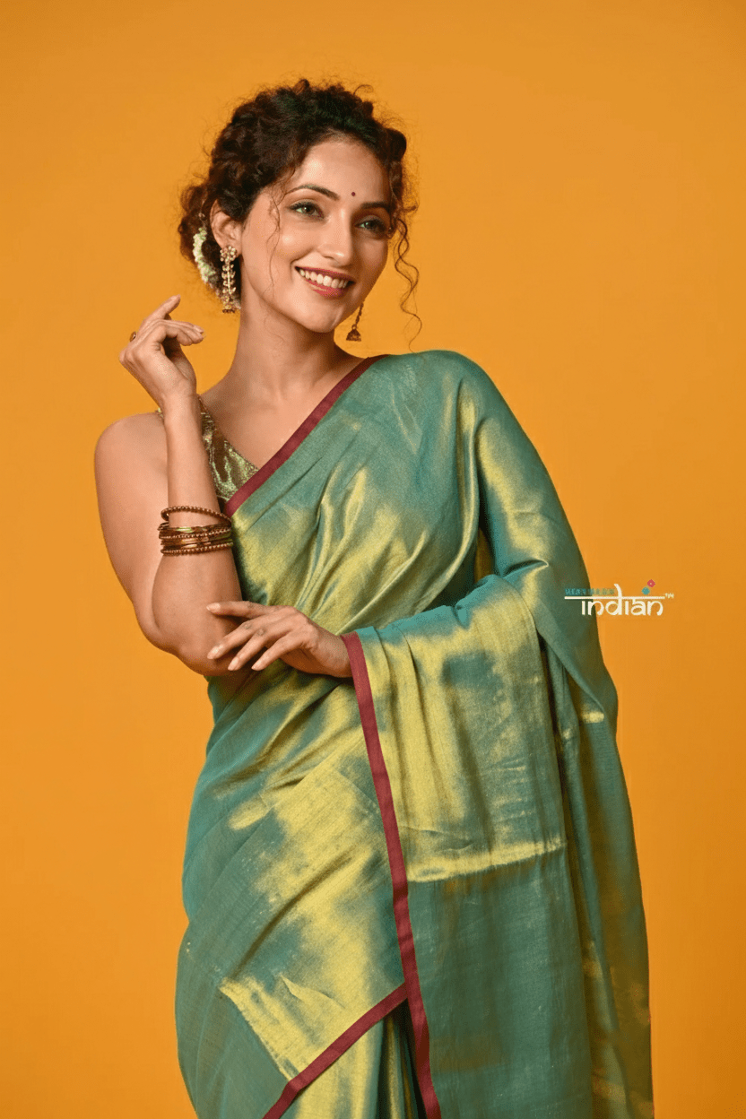 Param Sundari ~ Exclusive Handloom Pure Tissue Cotton Saree in Fern Green Gold - verymuchindian.com