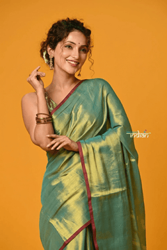 Param Sundari ~ Exclusive Handloom Pure Tissue Cotton Saree in Fern Green Gold - verymuchindian.com