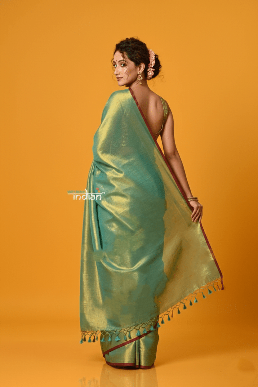 Param Sundari ~ Exclusive Handloom Pure Tissue Cotton Saree in Fern Green Gold - verymuchindian.com