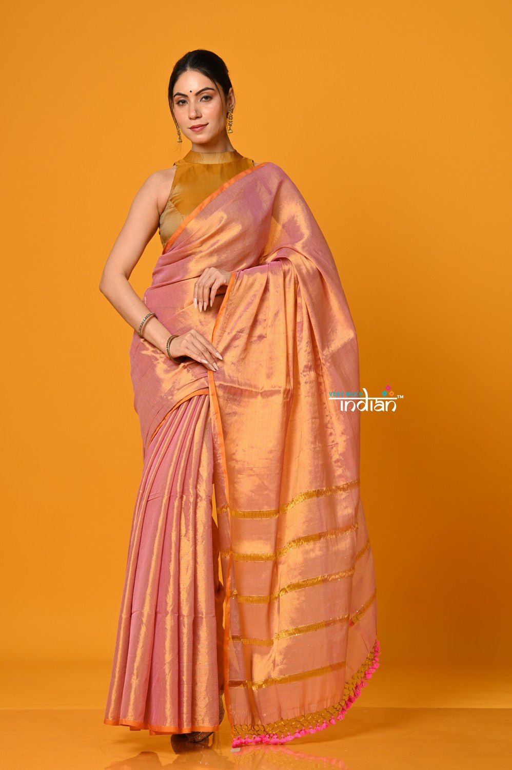 Param Sundari ~ Exclusive Handloom Pure Tissue Cotton Saree in Powder Pink Gold - verymuchindian.com