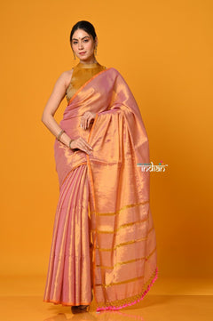 Param Sundari ~ Exclusive Handloom Pure Tissue Cotton Saree in Powder Pink Gold - verymuchindian.com