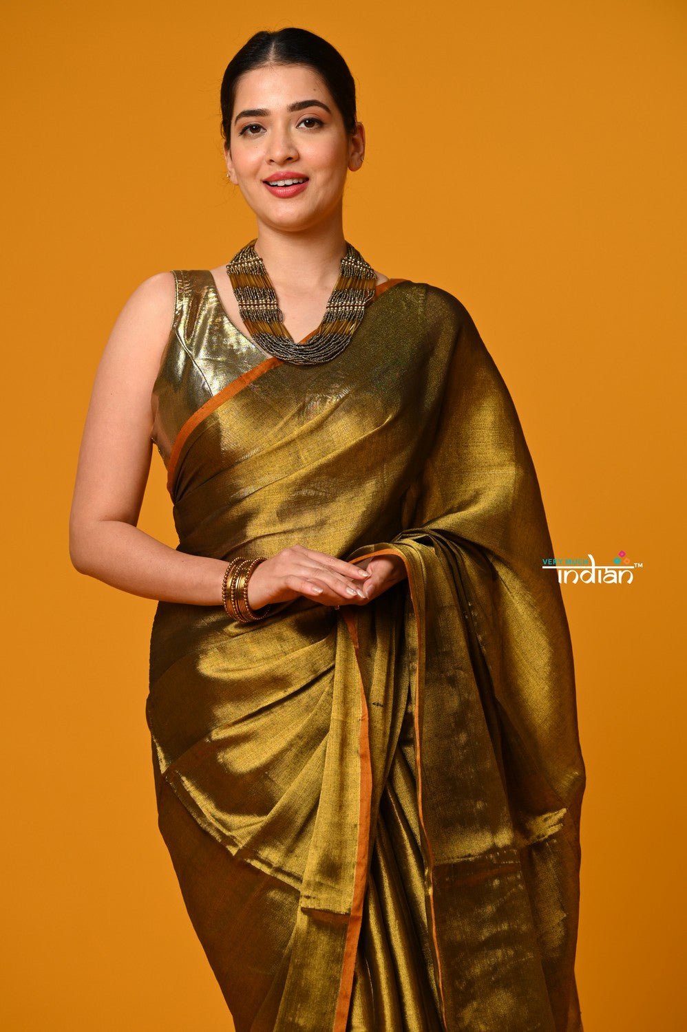 Param Sundari ~ Exclusive Handloom Pure Tissue Cotton Saree in Sapphire Gold - verymuchindian.com