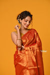 Param Sundari ~ Exclusive Handloom Pure Tissue Cotton Saree in Sapphire Orange Gold - verymuchindian.com
