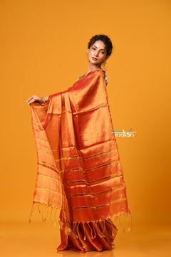 Param Sundari ~ Exclusive Handloom Pure Tissue Cotton Saree in Sapphire Orange Gold - verymuchindian.com