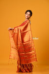 Param Sundari ~ Exclusive Handloom Pure Tissue Cotton Saree in Sapphire Orange Gold - verymuchindian.com