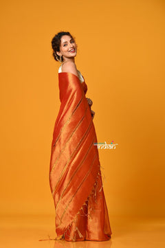Param Sundari ~ Exclusive Handloom Pure Tissue Cotton Saree in Sapphire Orange Gold - verymuchindian.com