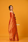 Param Sundari ~ Exclusive Handloom Pure Tissue Cotton Saree in Sapphire Orange Gold - verymuchindian.com