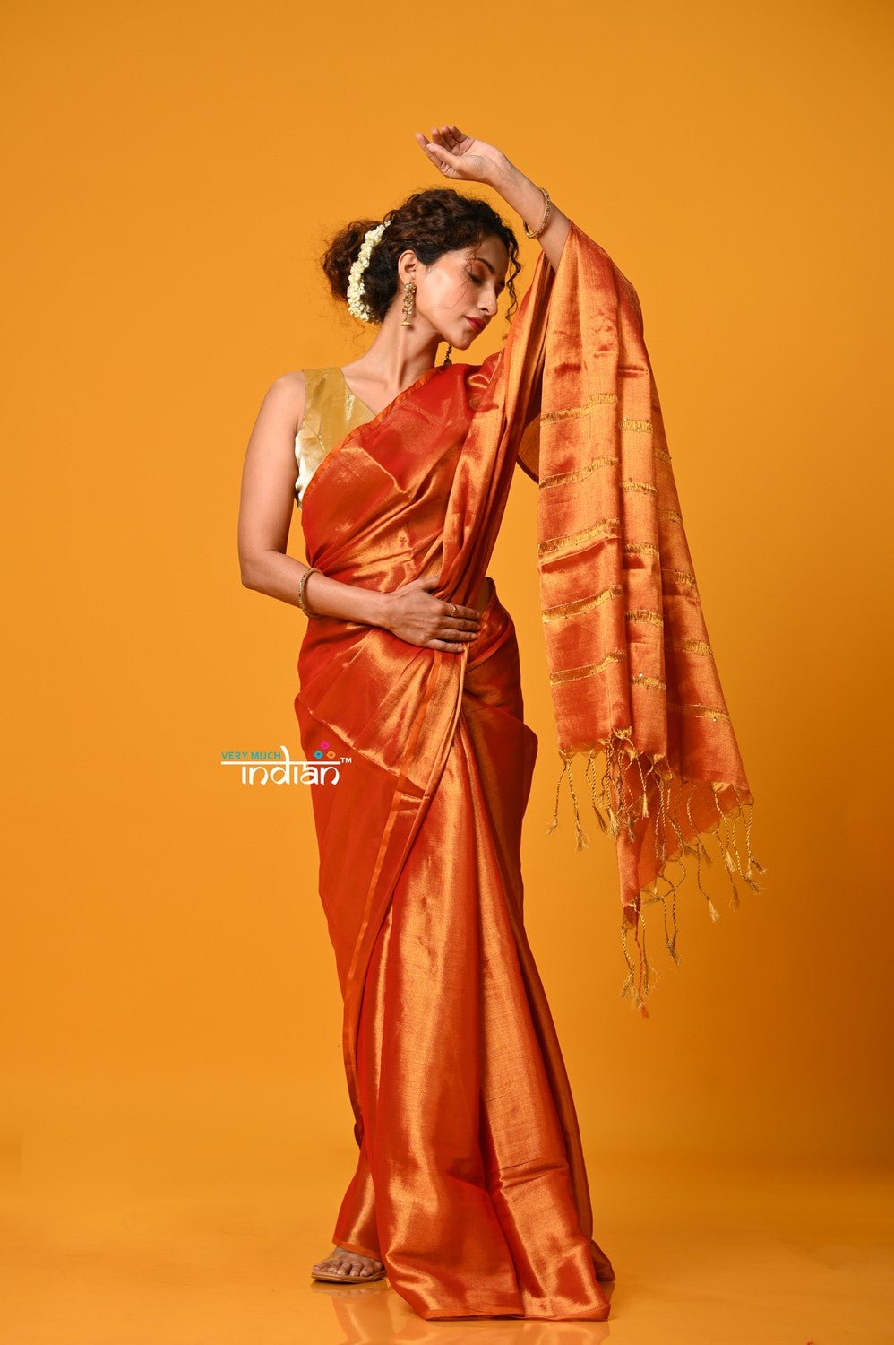 Param Sundari ~ Exclusive Handloom Pure Tissue Cotton Saree in Sapphire Orange Gold - verymuchindian.com
